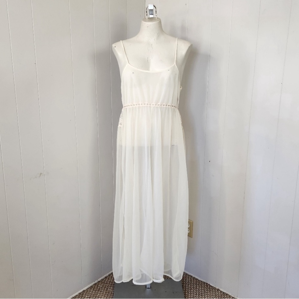 Vintage 60s Sheer Off White Nightgown Nylon Lace Slip Dress MCM Lingerie Nightie
